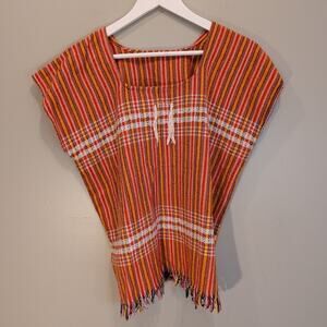Mexicana Huipil Handwoven Fringe Top Artisan Eclectic Fresh Light Bold - Size SM